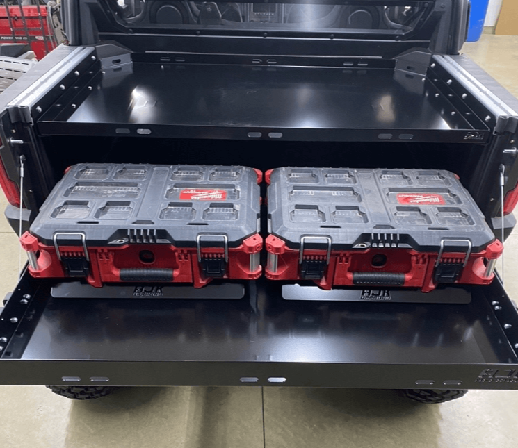 Polaris Xpedition Bed Tray — Polaris Xpedition Bed Tray by AJK Offroad Back View Mounted Lower Pictured with Bed Drawer and Two Loadout Kits