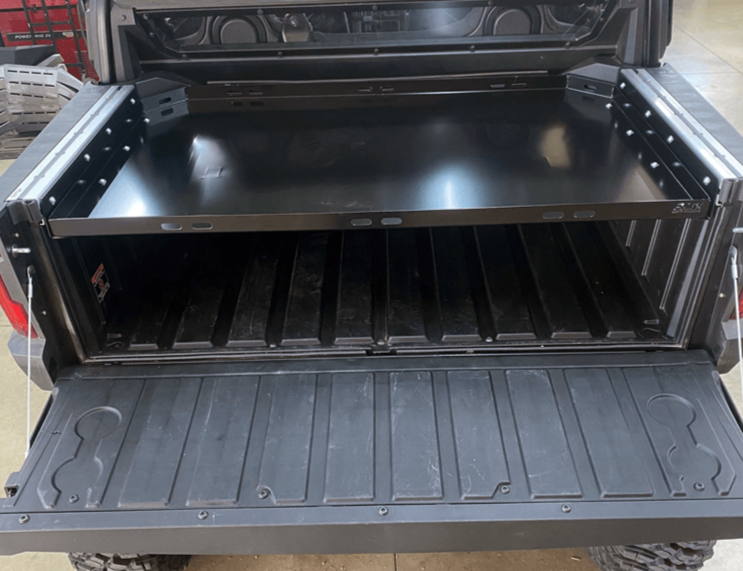 Polaris Xpedition Bed Tray — Polaris Xpedition Bed Tray by AJK Offroad Back View Mounted Lower with Tailgate Door Opened