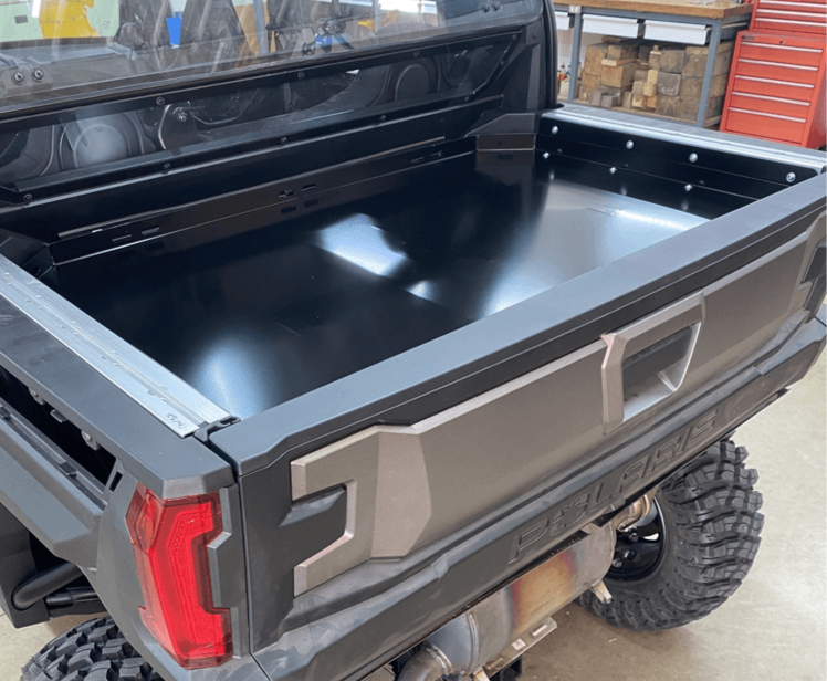 Polaris Xpedition Bed Tray — Polaris Xpedition Bed Tray by AJK Offroad Left Angle View Mounted Lower with Tailgate Closed