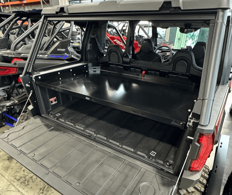 Polaris Xpedition Bed Tray — Polaris Xpedition Bed Tray by AJK Offroad Right Angle View Mounted Low with Tailgate Open