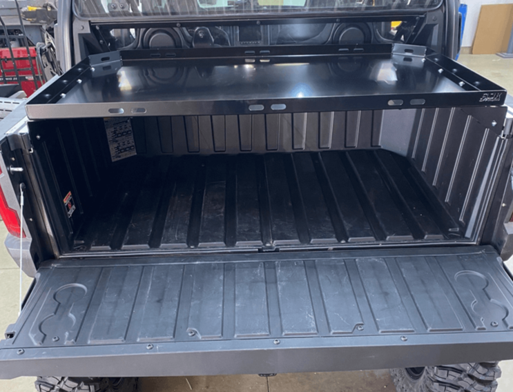 Polaris Xpedition Bed Tray — Polaris Xpedition Bed Tray by AJK Offroad Back View Mounted Higher with Open Tailgate
