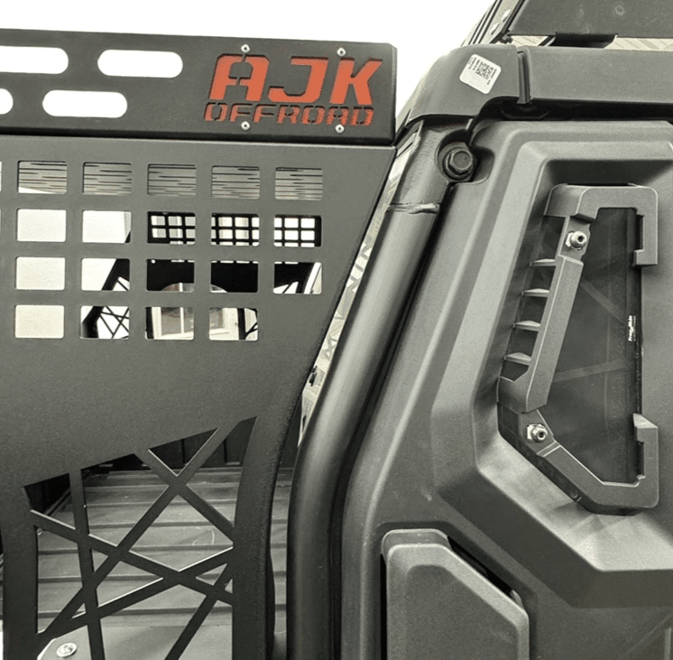Polaris Xpedition Headache Rack – ¾ Rack — Polaris Xpedition Headache Rack 3/4 Rack by AJK Offroad Close Up of Side of Rack with Logo