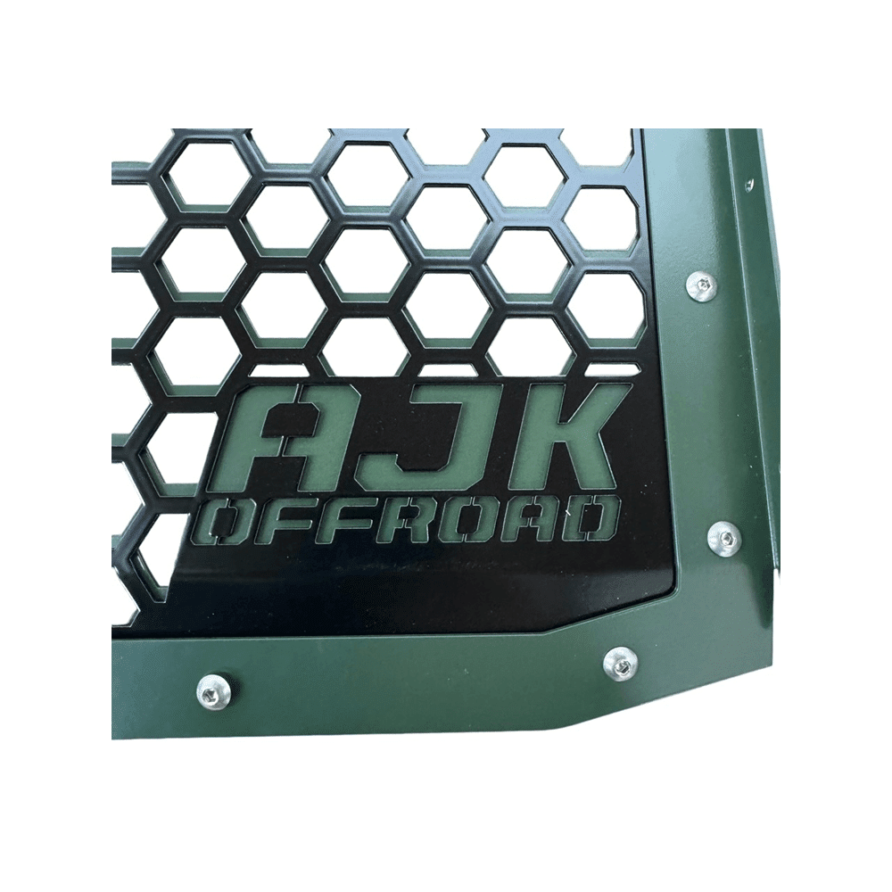Polaris Xpedition Grille — Polaris Xpedition Grill by AJK Offroad Close Up of Logo on Green Grill