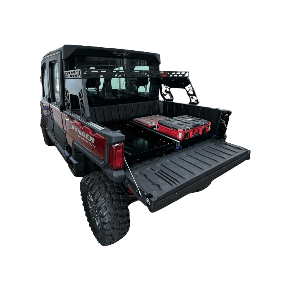 Polaris Ranger XD 1500 Bed Drawer — Polaris Ranger 1500XD Bed Drawer by AJK Offroad Side View with Gear Stored