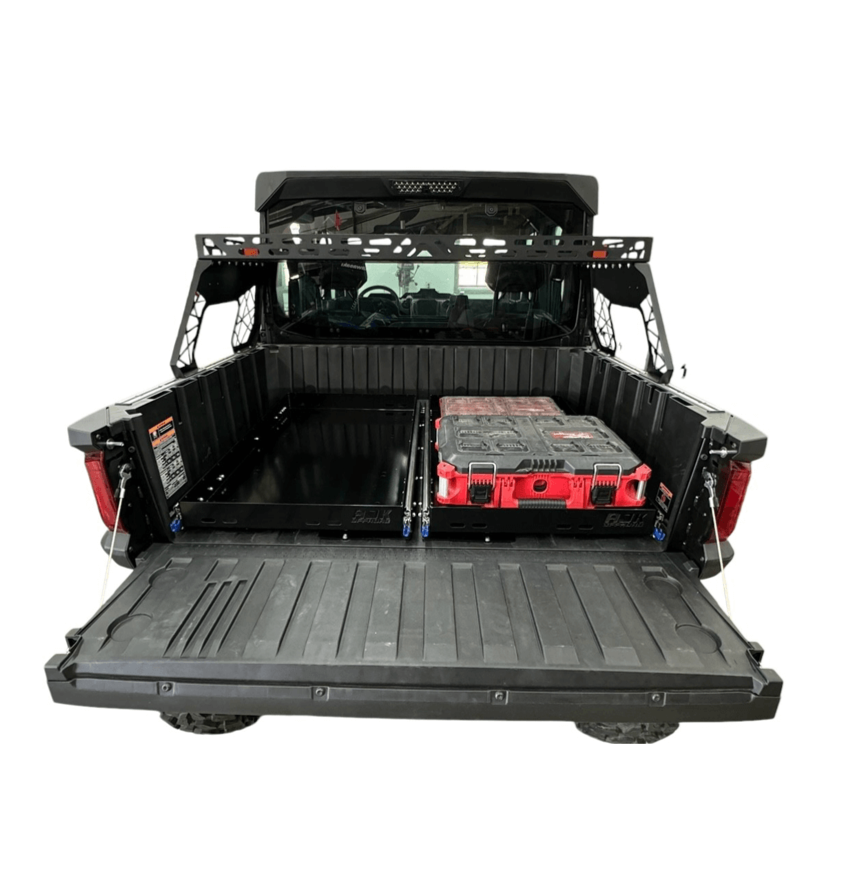 Polaris Ranger XD 1500 Bed Drawer — Polaris Ranger 1500XD Bed Drawer by AJK Offroad Back View Retracted with Gear