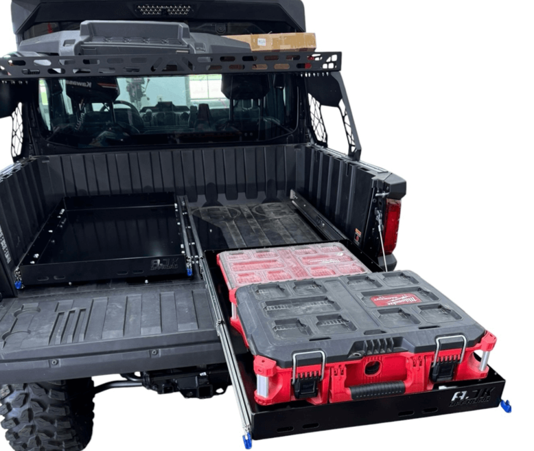 Polaris Ranger XD 1500 Bed Drawer — Polaris Ranger 1500XD Bed Drawer by AJK Offroad Close Up Back Side View of Extended Drawer with Gear
