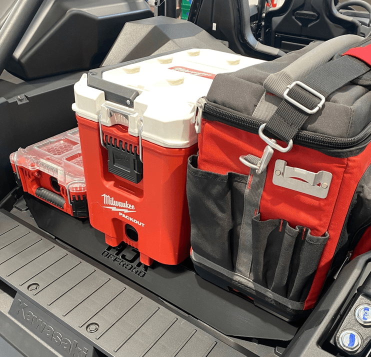 Kawasaki KRX Packout Mount 1.5 — Kawasaki KRX Packout Mount 1.5 by AJK Offroad right side view of a kit with two coolers installed