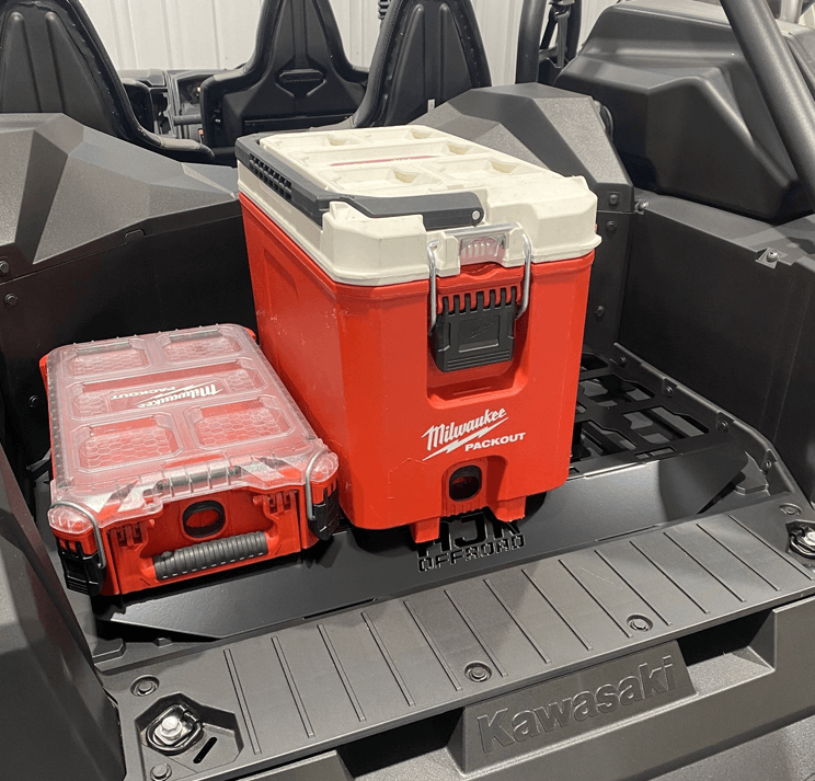 Kawasaki KRX Packout Mount 1.5 — Kawasaki KRX Packout Mount 1.5 by AJK Offroad installed with one kit and one ooler, left side view