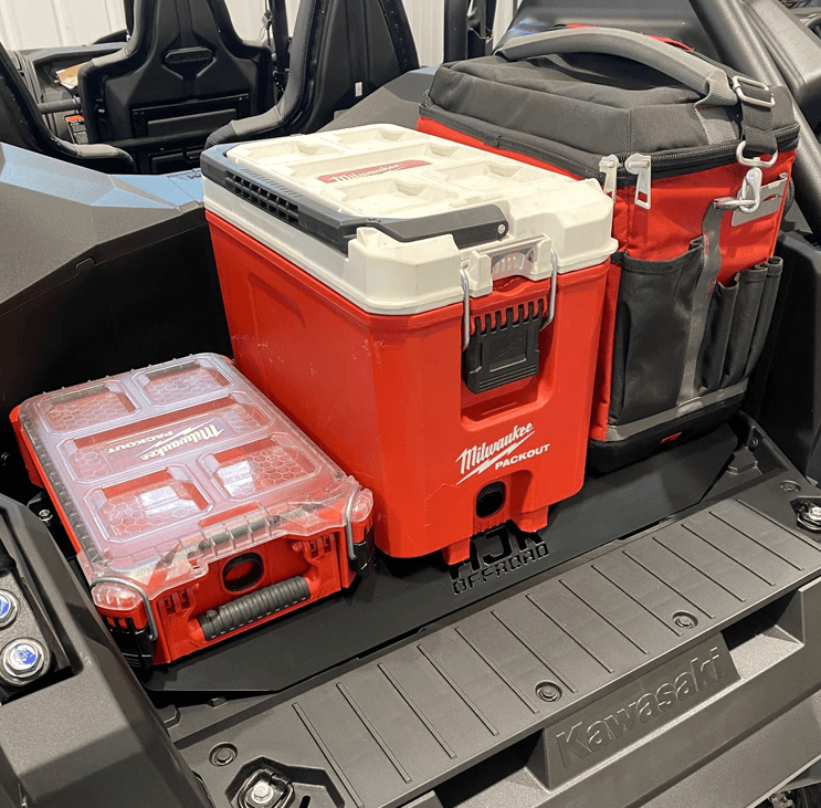 Kawasaki KRX Packout Mount 1.5 — Kawasaki KRX Packout Mount 1.5 by AJK Offroad with 1 box and 2 coolers