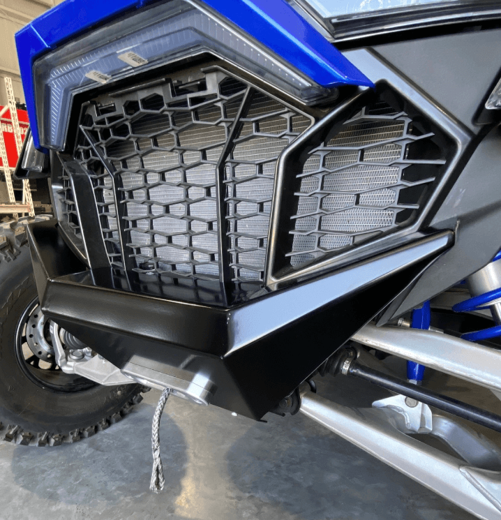 Polaris Pro R Front Bumper — Polaris Pro R Front Bumper Powder Black Right Super Close Up View by AJK Offroad