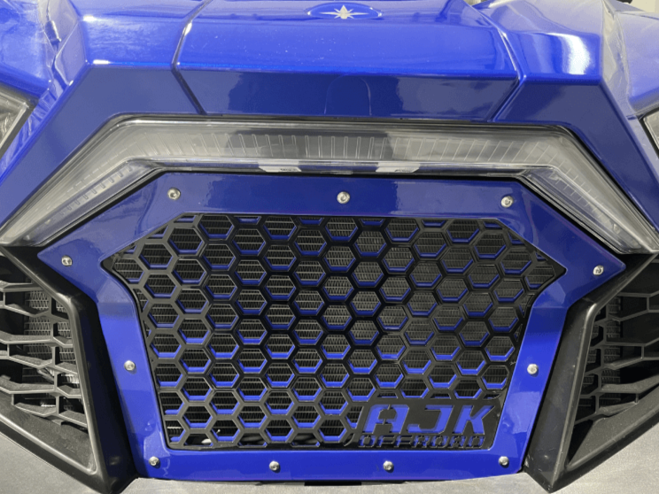 Polaris RZR Grille — Polaris RZR Grill by AJK Offroad Blue Grill Close Up Installed View