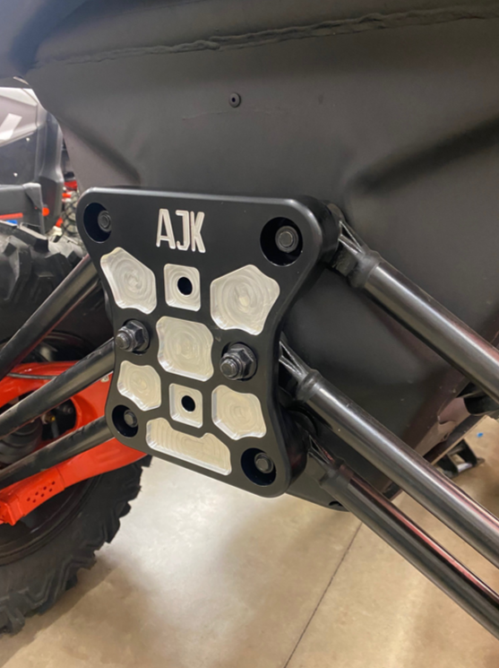 Can-Am Maverick X3 Billet Aluminum Radius Rod Plate — Can-Am X3 Billet Aluminum Radius Rod Plate by AJK Offroad Side View Installed No Hook