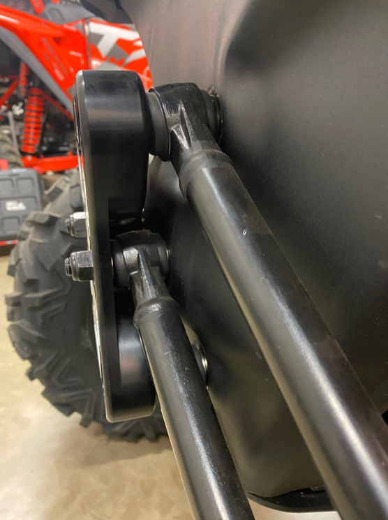 Can-Am Maverick X3 Billet Aluminum Radius Rod Plate — Can-Am X3 Billet Aluminum Radius Rod Plate by AJK Offroad Extreme Side View Installed No Hook