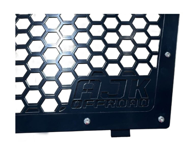 Kawasaki KRX Front Grille — Kawasaki KRX Front Grill by AJK Offroad in Black Close Up of Logo