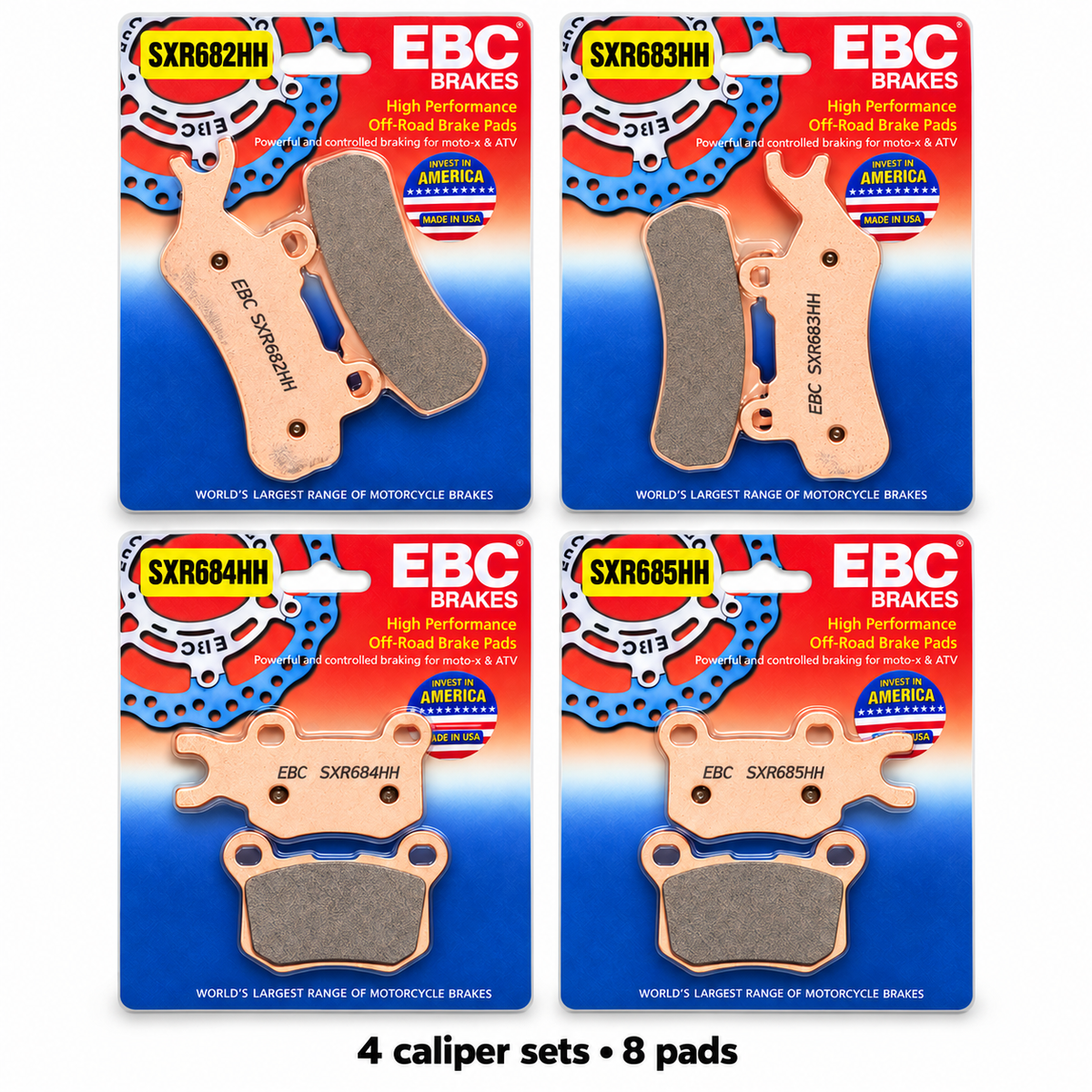 Can-Am Defender 3-Seat 4-Wheel Brake Pad Kit | EBC SXR showing all eight pads; 1 x SXR682HH, 1 x SXR683HH, 1 x SXR684HH, 1 x SXR685HH