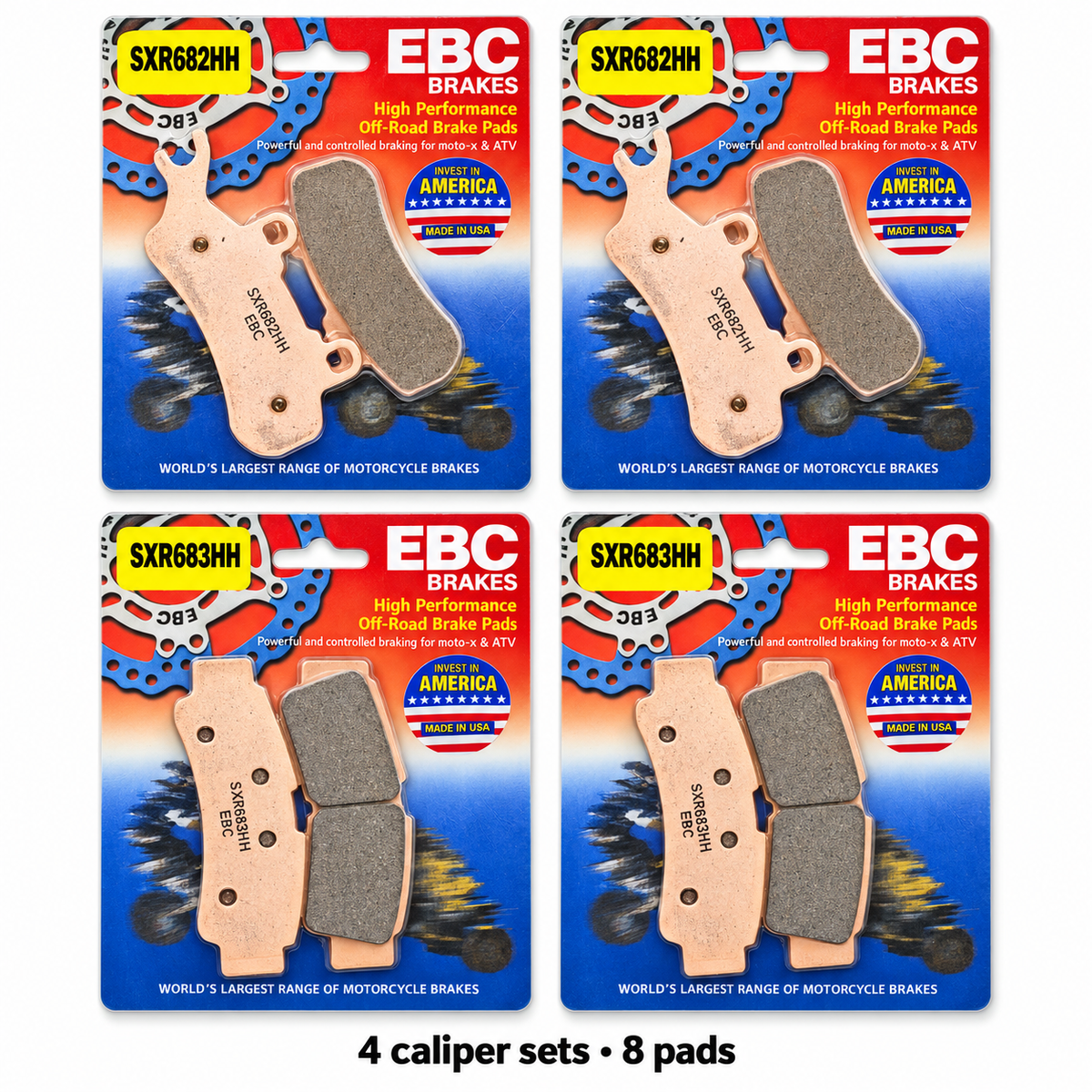 Can-Am Maverick X3 / MAX 4-Wheel Brake Pad Kit | EBC SXR showing all eight pads; 1 x SXR682HH, 1 x SXR683HH, 1 x SXR682HH, 1 x SXR683HH