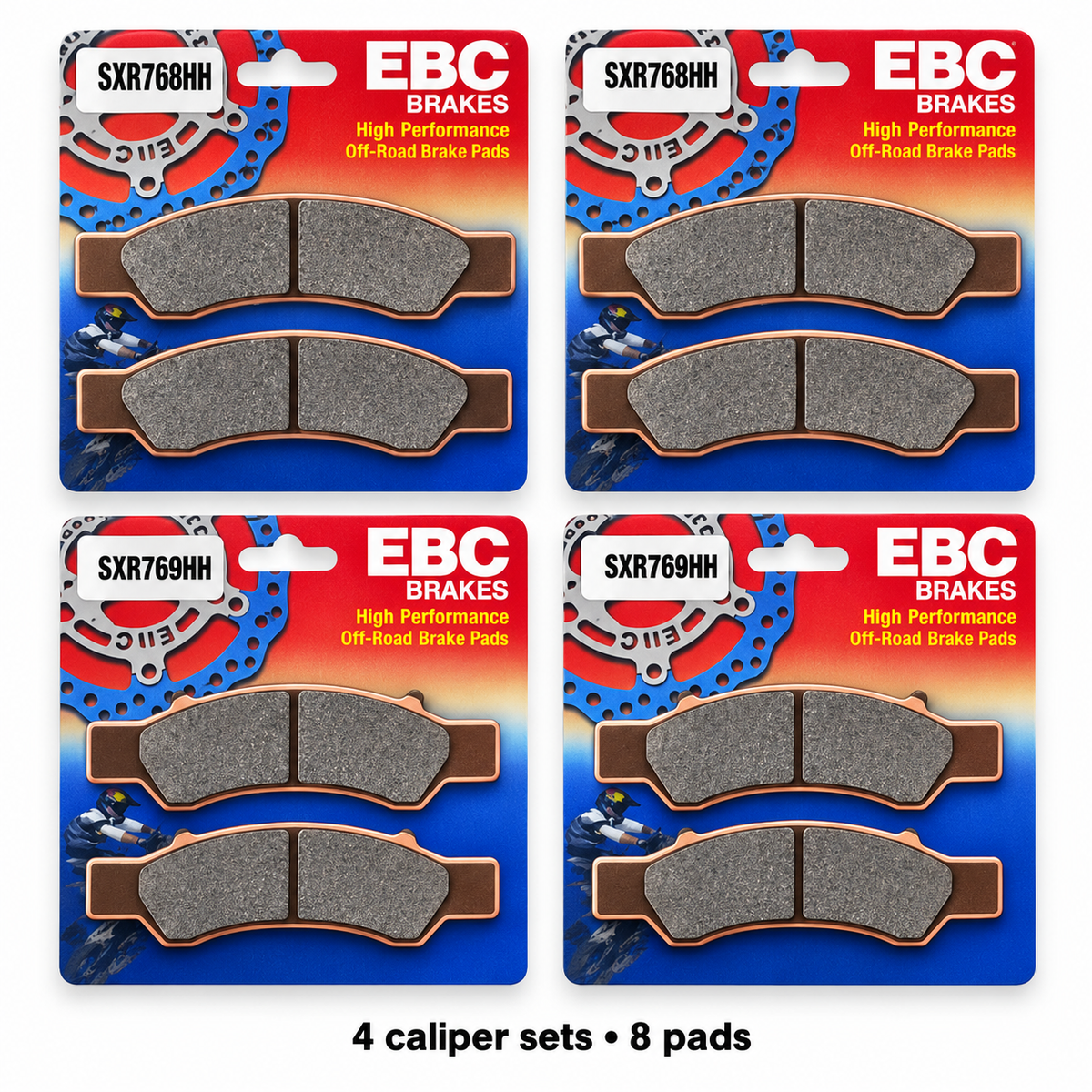 Can-Am Maverick R 4-Wheel Brake Pad Kit | EBC SXR showing all eight pads; 2 x SXR768HH, 2 x SXR769HH