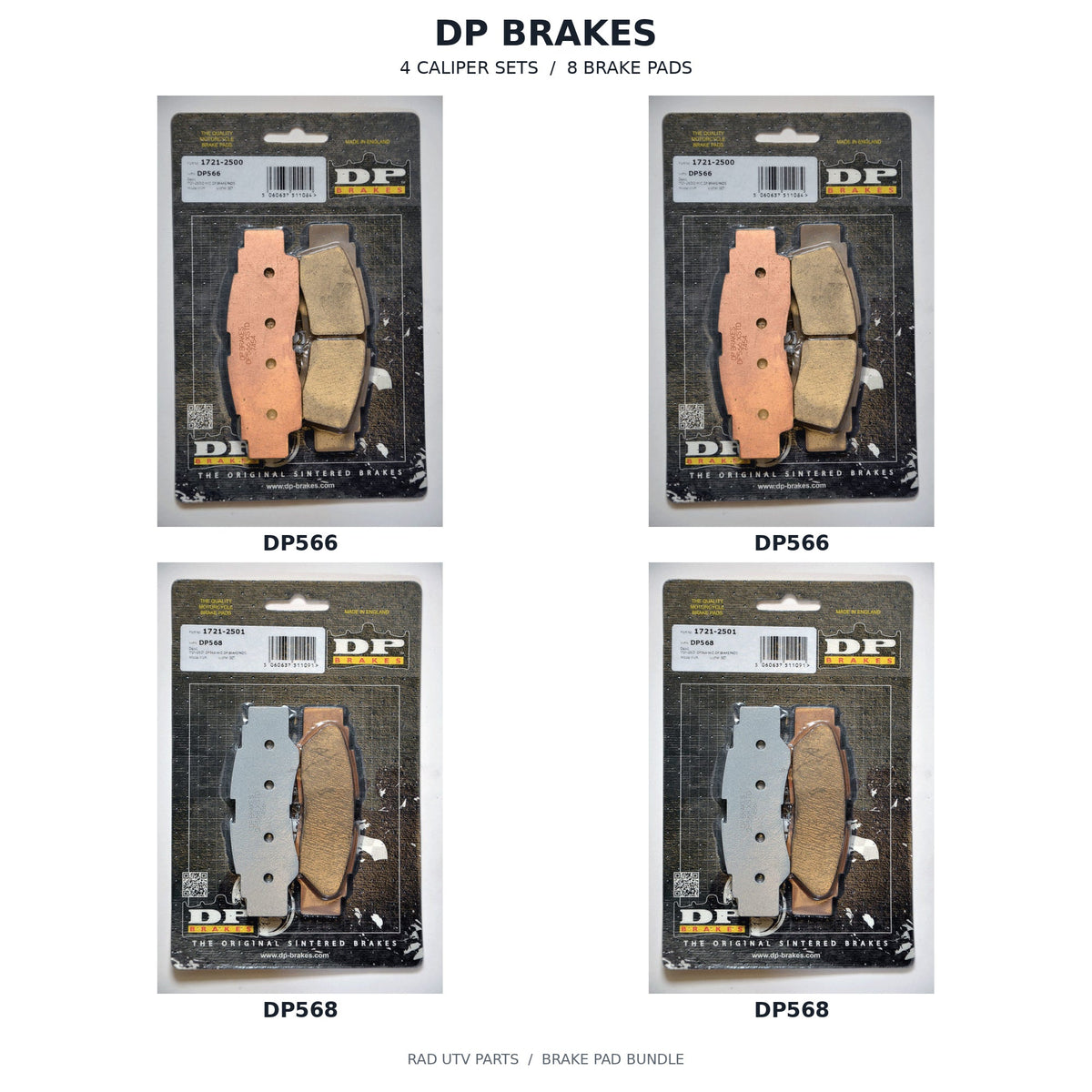 Yamaha RMAX & YXZ1000R DP Front & Rear Brake Pad Kit — 2 DP566 retail packages, 2 DP568 retail packages; 4 caliper sets, 8 brake pads. Actual package photos with original part-number labels.