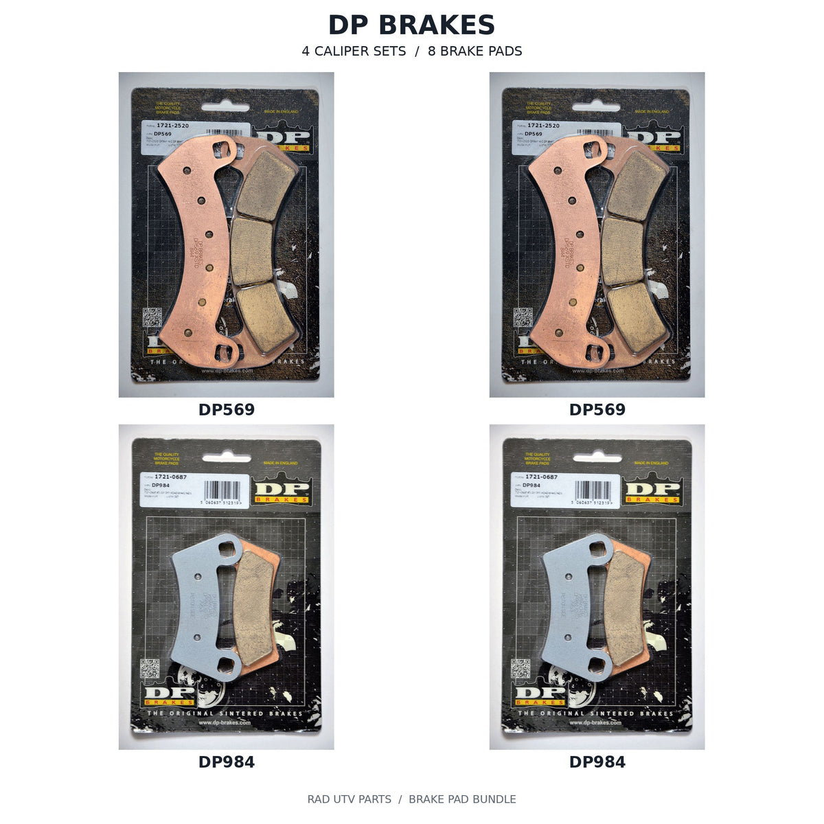 Polaris General XP 4 1000 DP Front & Rear Brake Pad Kit — 2 DP569 retail packages, 2 DP984 retail packages; 4 caliper sets, 8 brake pads. Actual package photos with original part-number labels.