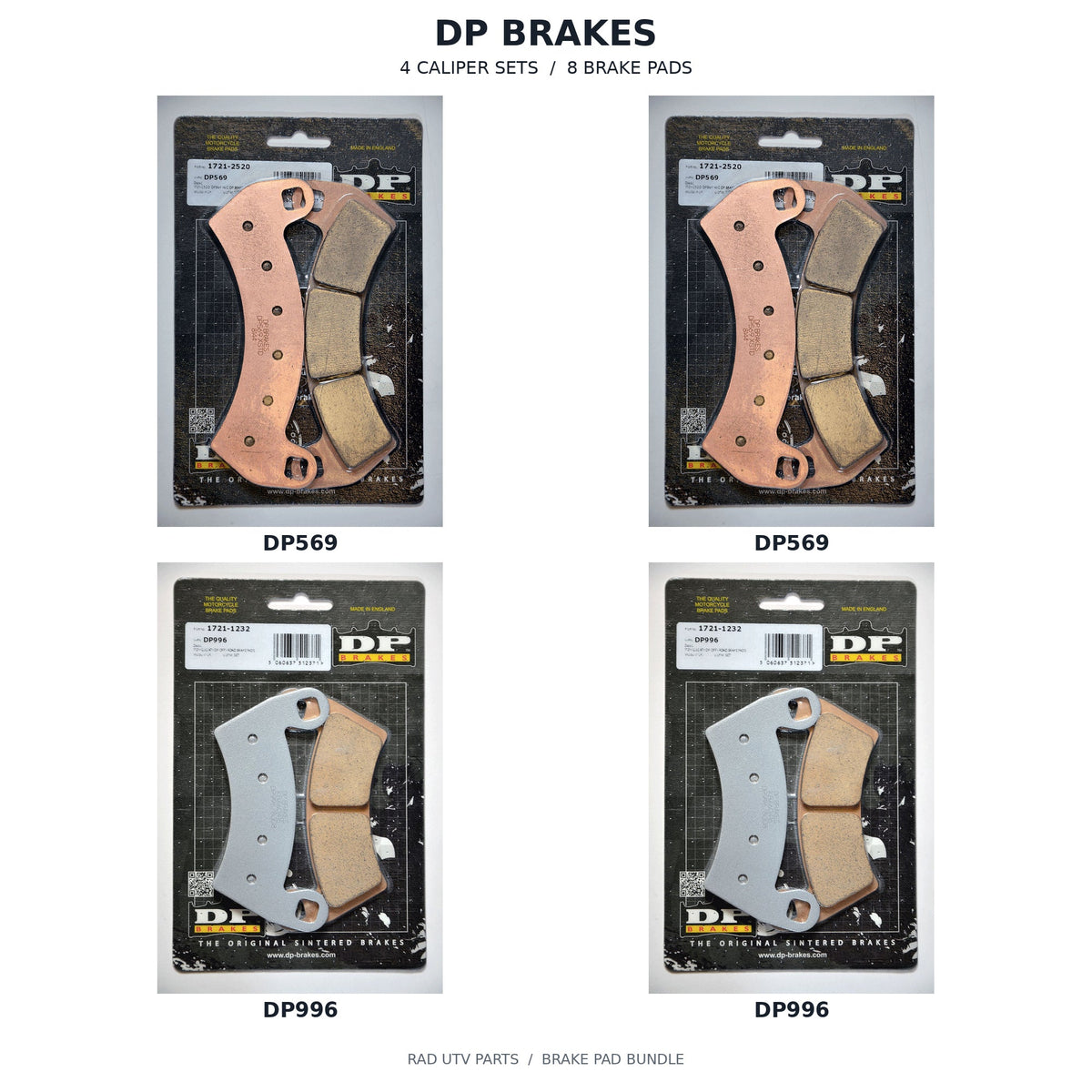 Polaris RZR Pro XP & XP Turbo DP Front & Rear Brake Pad Kit — 2 DP569 retail packages, 2 DP996 retail packages; 4 caliper sets, 8 brake pads. Actual package photos with original part-number labels.