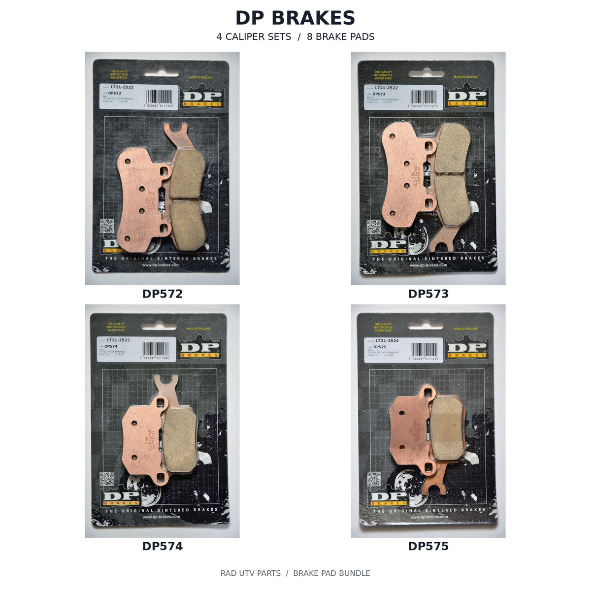 Can-Am Defender 3-Seat DP Front & Rear Brake Pad Kit — 1 DP572 retail packages, 1 DP573 retail packages, 1 DP574 retail packages, 1 DP575 retail packages; 4 caliper sets, 8 brake pads. Actual package photos with original part-number labels.