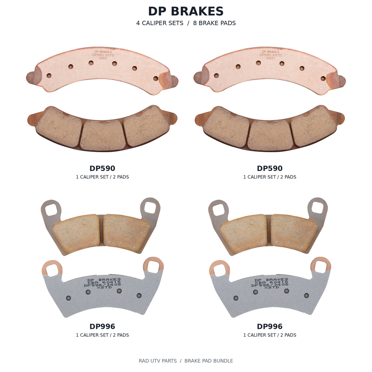 Polaris RZR Pro R, Pro S & Turbo R DP Brake Pad Kit — actual Parts Unlimited photos of 2 DP590 caliper sets and 2 DP996 caliper sets; 8 brake pads total, pads shown outside packaging.