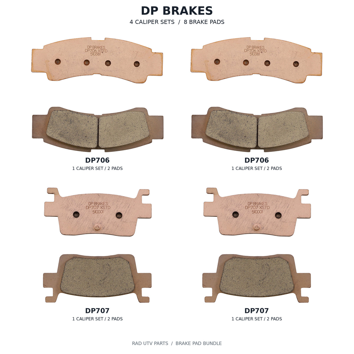 Kawasaki KRX 1000 & KRX4 DP Front & Rear Brake Pad Kit — actual Parts Unlimited photos of 2 DP706 caliper sets and 2 DP707 caliper sets; 8 brake pads total, pads shown outside packaging.