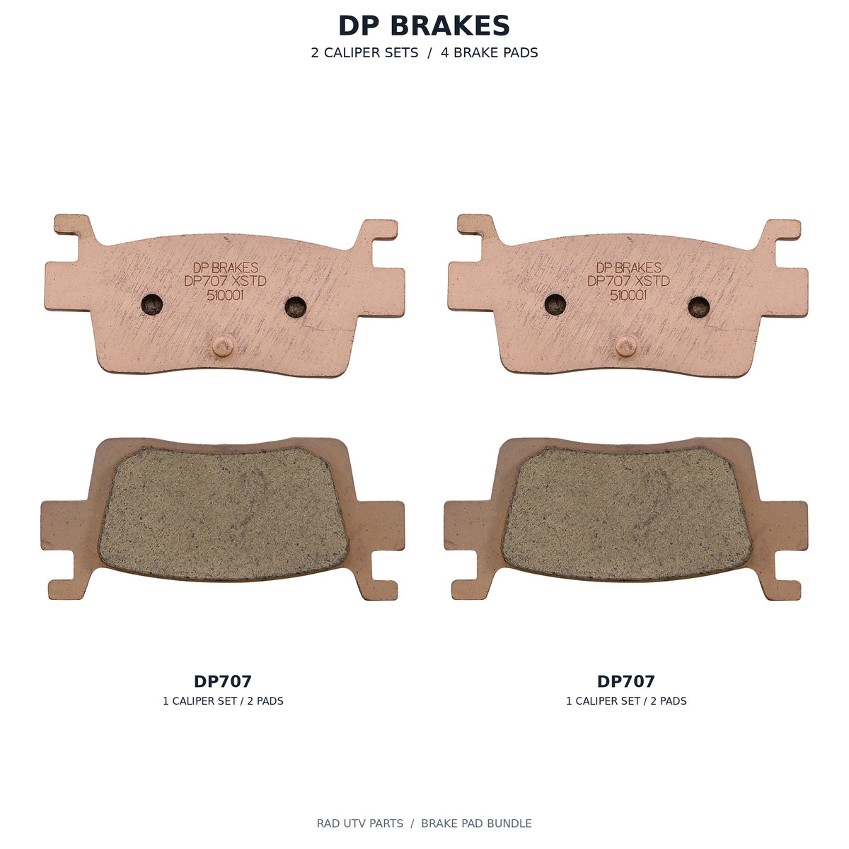 Kawasaki KRX 1000 & KRX4 DP Rear Brake Pad Kit — actual Parts Unlimited photos of 2 DP707 caliper sets; 4 brake pads total, pads shown outside packaging.