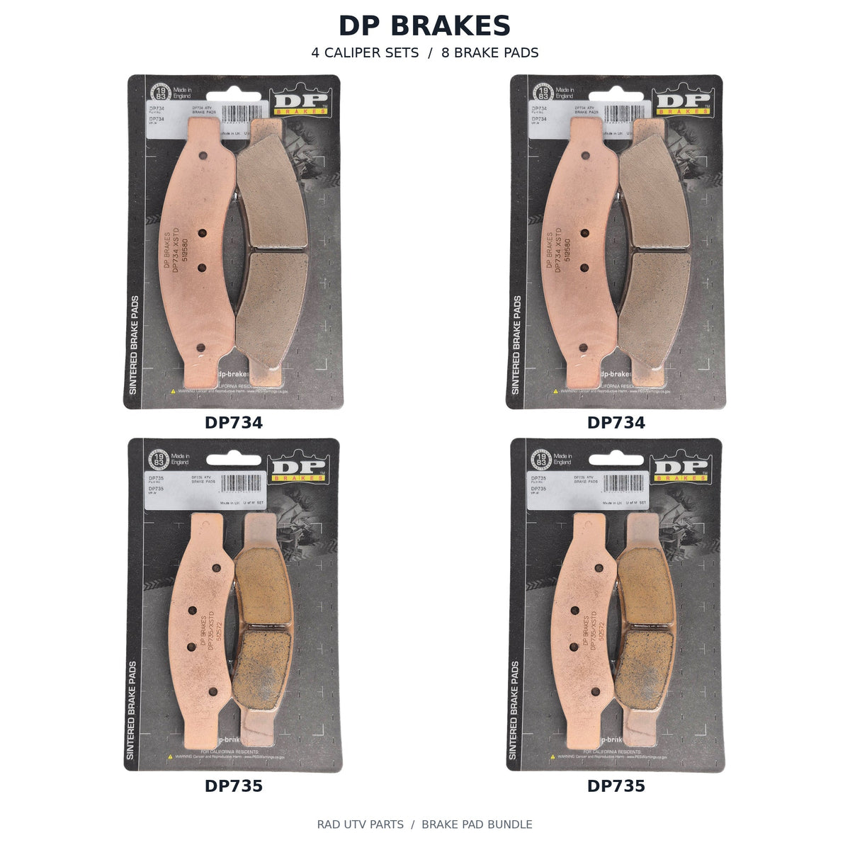 Can-Am Maverick R & MAX Brake Pad Kit — 2 DP734 retail packages, 2 DP735 retail packages; 4 caliper sets, 8 brake pads. Actual package photos with original part-number labels.