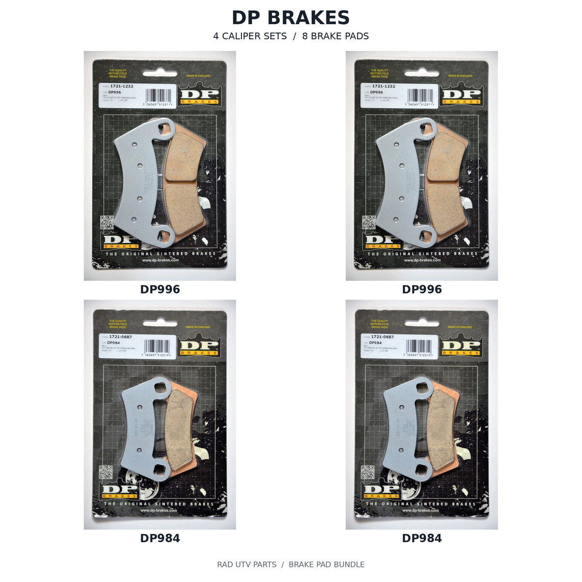 Polaris Ranger 1000 & XP 1000 DP Brake Pad Kit — 2 DP996 retail packages, 2 DP984 retail packages; 4 caliper sets, 8 brake pads. Actual package photos with original part-number labels.