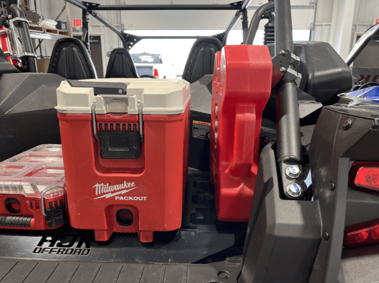 Kawasaki KRX Rotopax Mount — Kawasaki KRX Rotopax Mount by AJK Offroad Side View with Cooler