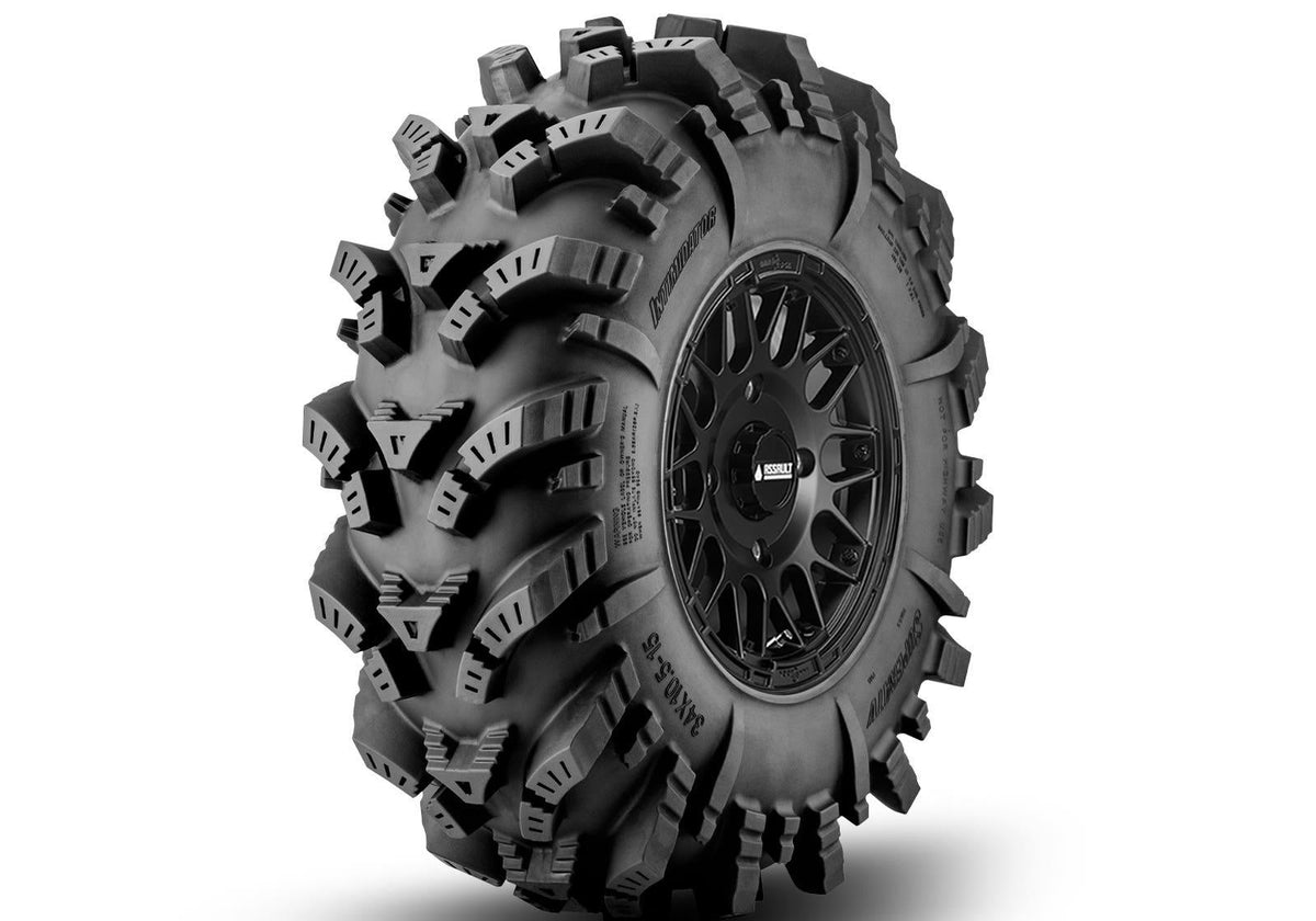 SuperATV Intimidator Tires 34x10x15 on 15in. Satin Black Hellfire Wheels 5/4.5 Pattern