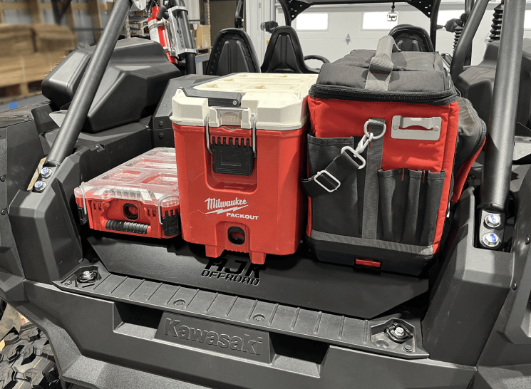 Kawasaki KRX Packout Mount - Subwoofer Compatible — Kawasaki KRX Packout Mount - Subwoofer Compatible by AJK Offroad with a kit and two coolers installed