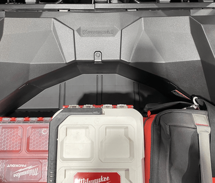 Kawasaki KRX Packout Mount 1.5 — Kawasaki KRX Packout Mount 1.5 by AJK Offroad close up of top down view of mount installed with kits