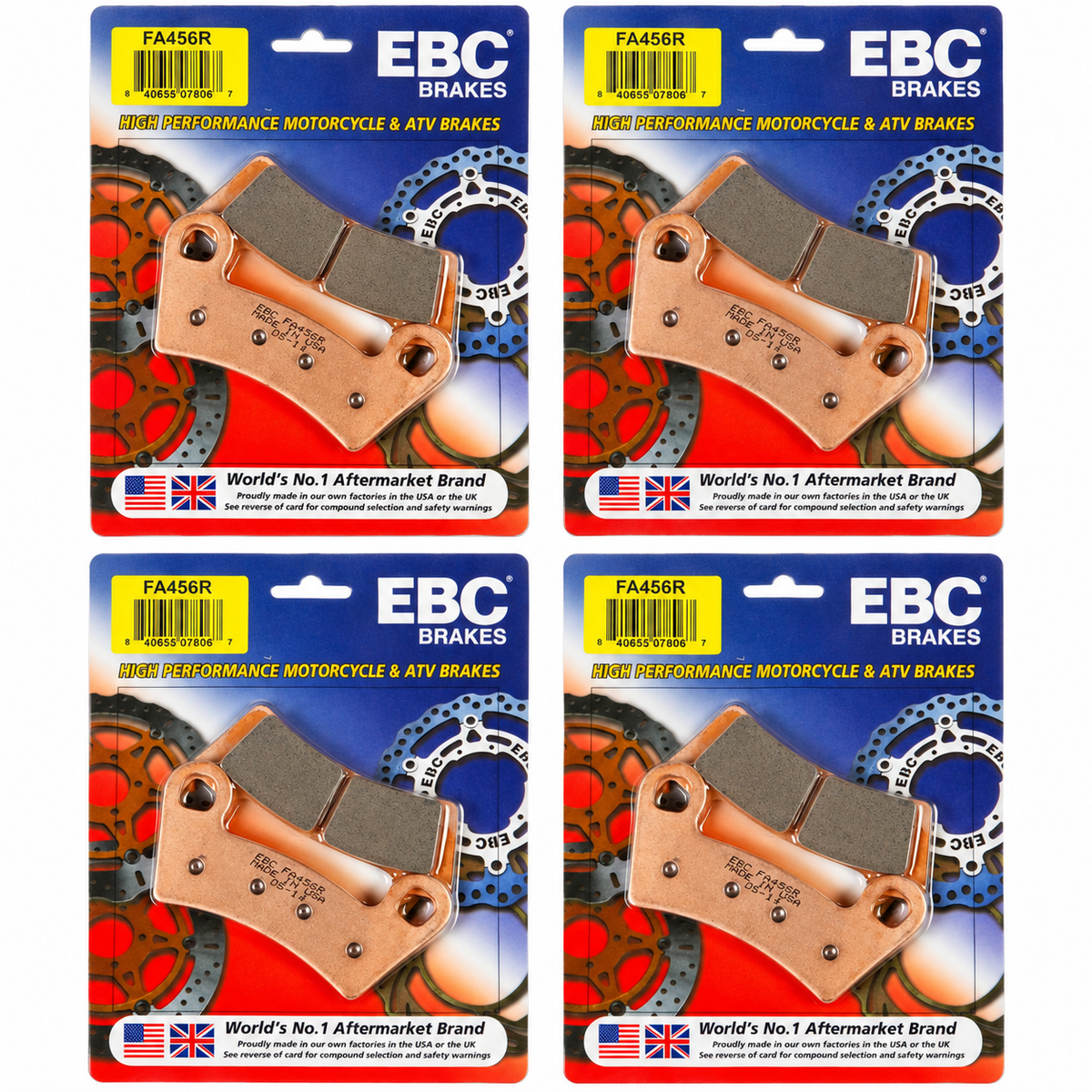Four EBC FA456R packages for a Polaris Ranger SP 570 two-seat front and rear brake pad kit, eight pads total