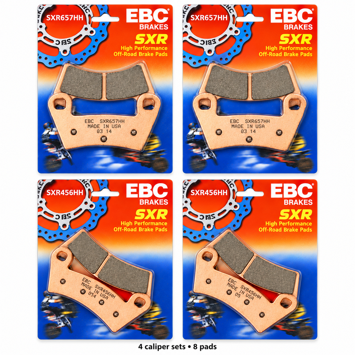 Polaris RZR 900 / S / Trail 4-Wheel Brake Pad Kit | EBC SXR showing all eight pads; 2 x SXR657HH, 2 x SXR456HH