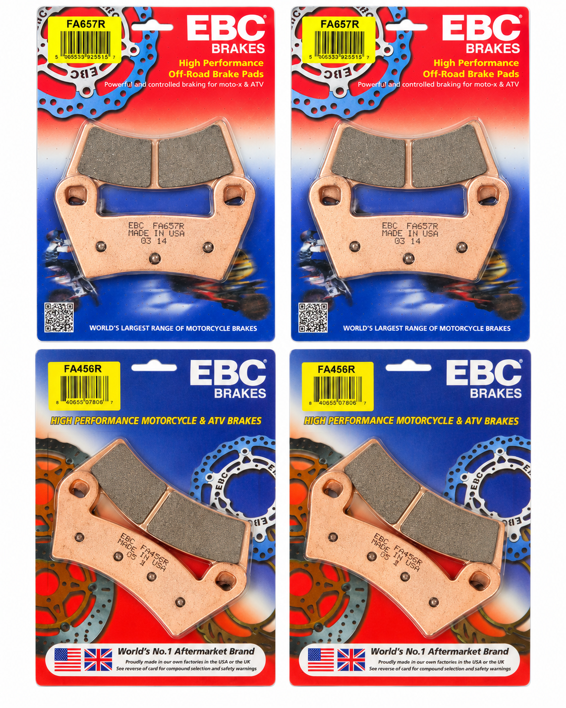 Complete Polaris RZR 900 S and Trail EBC brake pad kit: two FA657R front packages and two FA456R rear packages