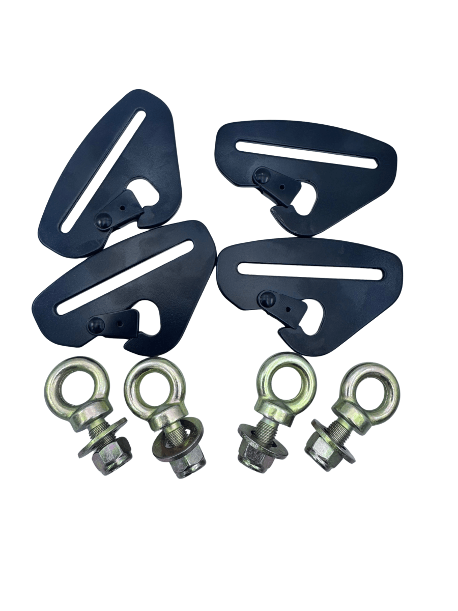 Quick Release Harness Mounting Kit with black snap brackets and metal eye bolts for 3-inch UTV harnesses