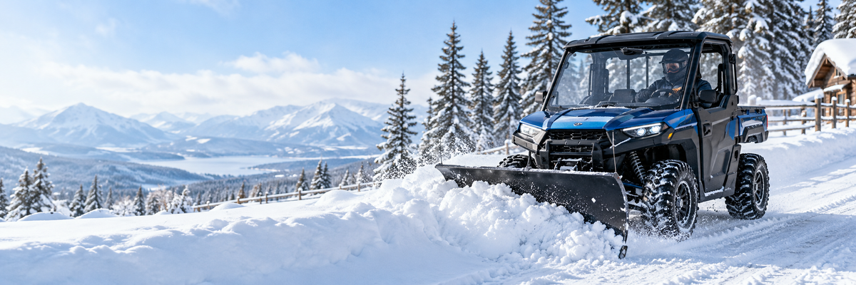 Blue UTV clearing snow with a front plow