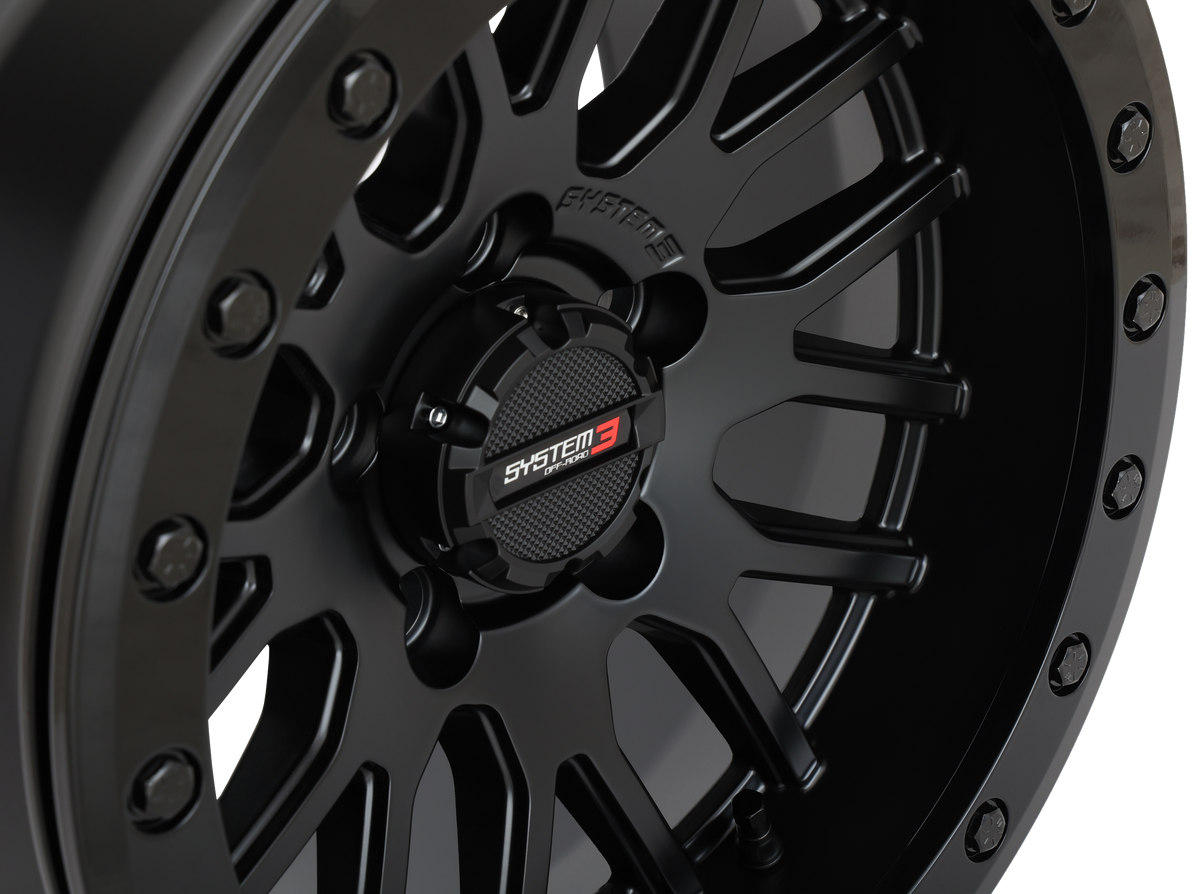 System 3 SB-9 Matte Black beadlock wheel with Gloss Black ring, manufacturer detail