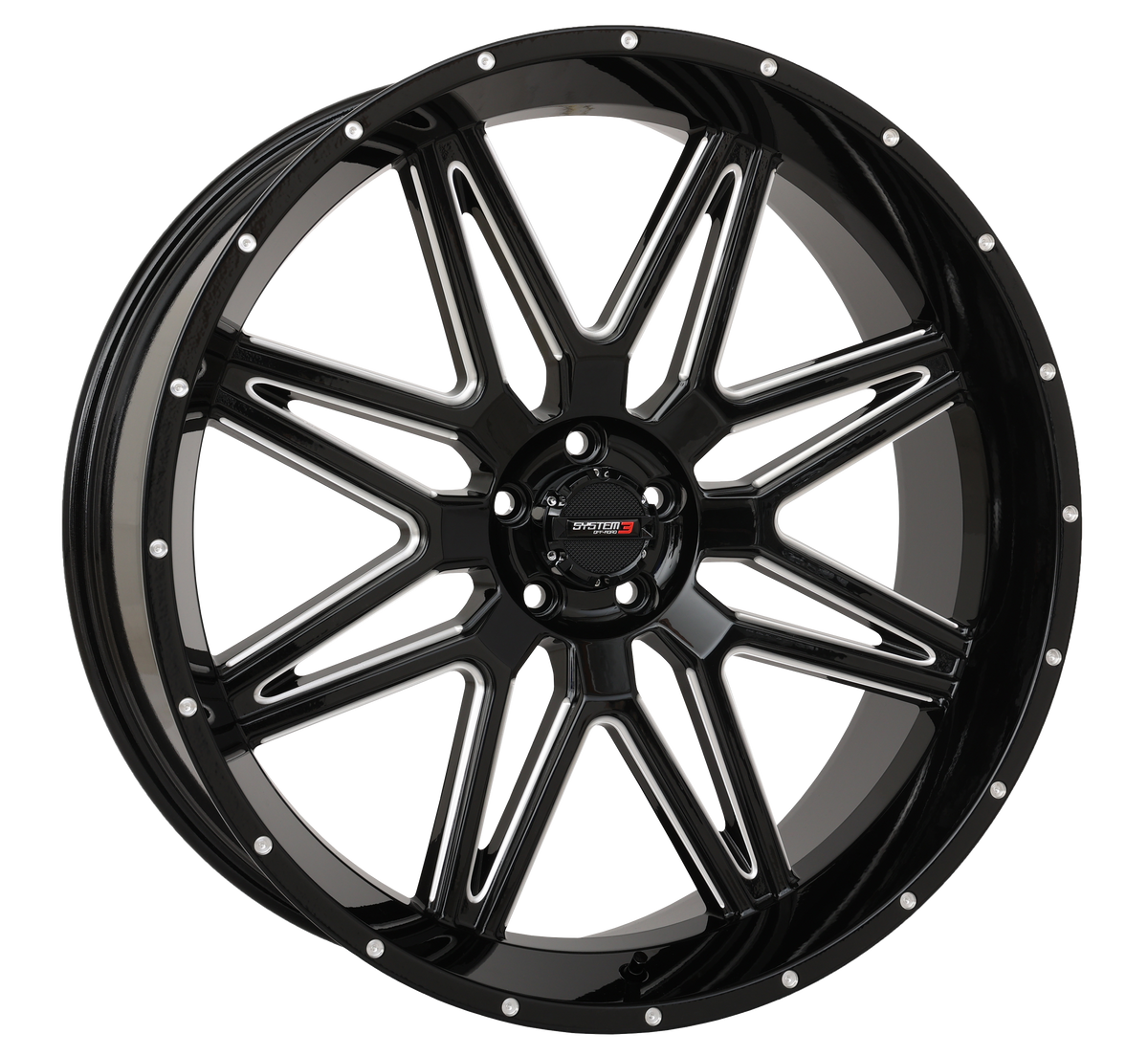 System 3 ST7 Gloss Black Milled UTV wheel manufacturer product photograph