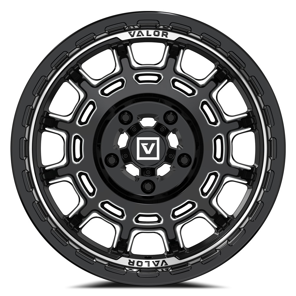 Valor Offroad V17 Gloss Black Milled 15x8 UTV wheel front view