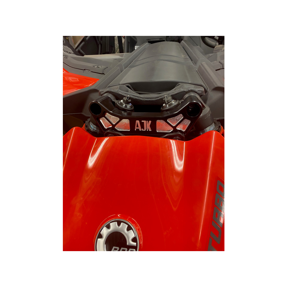 Can-Am Maverick X3 Billet Aluminum Shock Tower Brace — Can-Am Maverick X3 Billet Aluminum Shock Tower Brace by AJK Offroad Installed on Red Can-Am Close Up