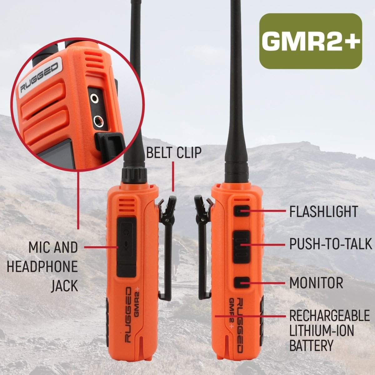2 PACK - Rugged GMR2 PLUS GMRS and FRS Two Way Handheld Radios - Safety Orange - Rad Parts