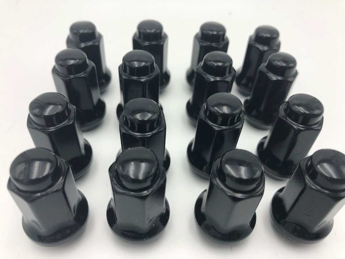 Glossy black 10x1.25mm acorn ATV lug nuts with 14mm hex width for Polaris, Yamaha, Honda, Kawasaki, Kymco, and Suzuki models