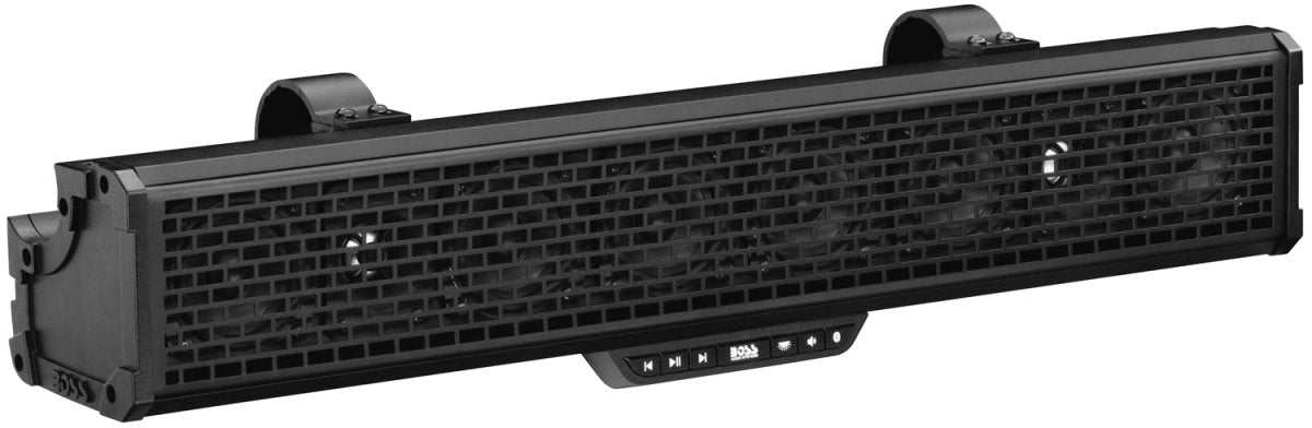 Boss Audio 27 inch amplified sound bar with 500 watts max power, Bluetooth, IPX5 weatherproof rating, and built-in LED lights.