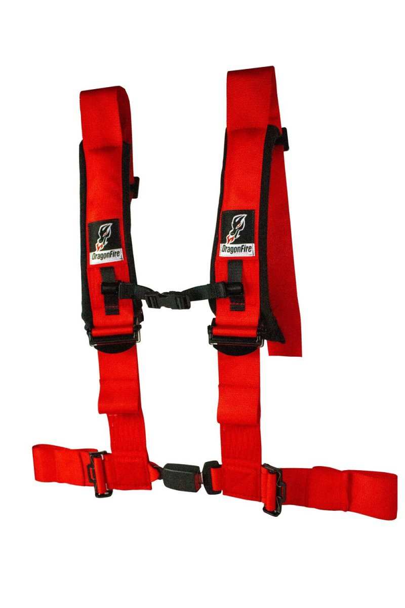 Dragonfire Racing red 4 point auto latch UTV harness with memory foam shoulder pads and black hardware