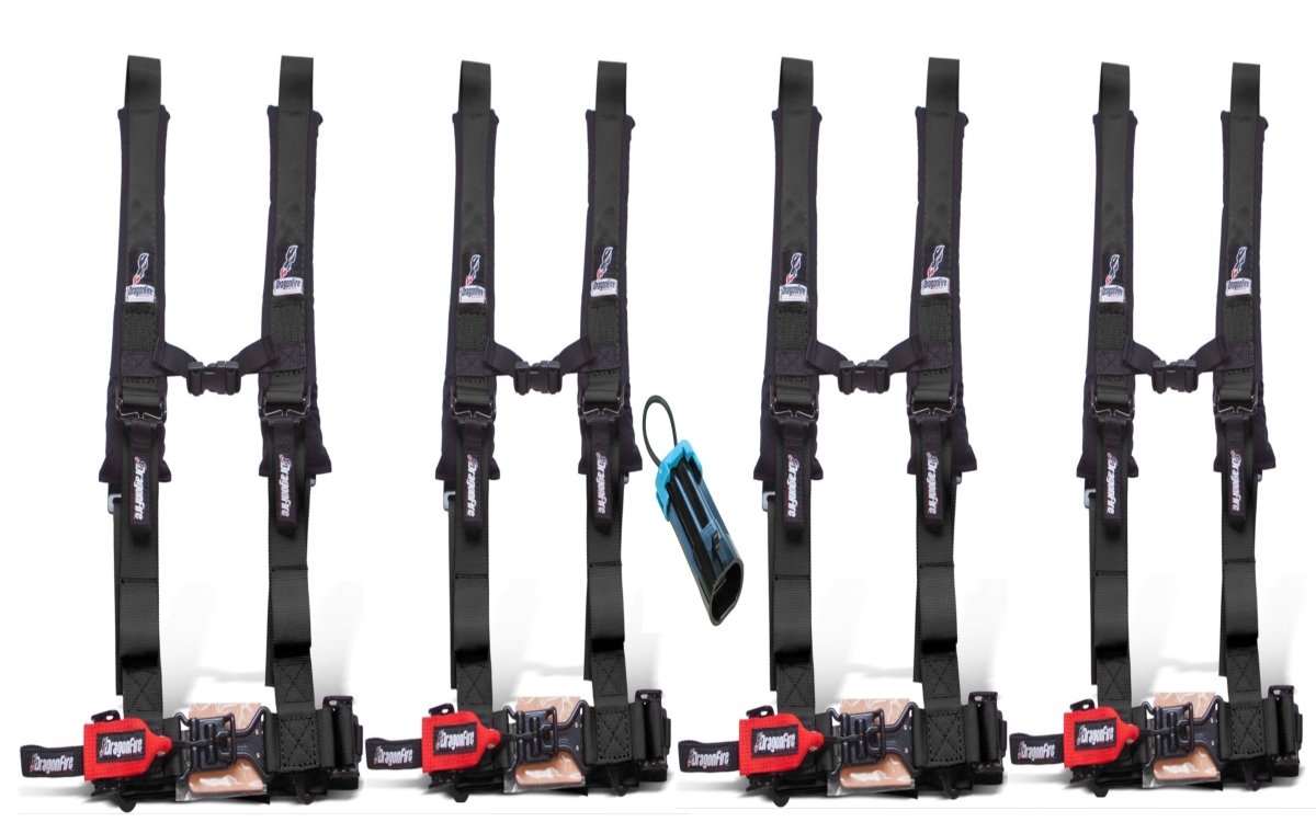 Dragonfire Racing 4-point UTV harness set with override plug, black straps and red buckles