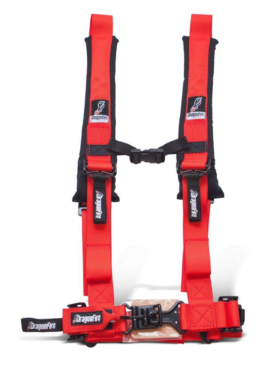 Dragonfire Racing 4-point harness in red with memory foam shoulder pads for UTVs