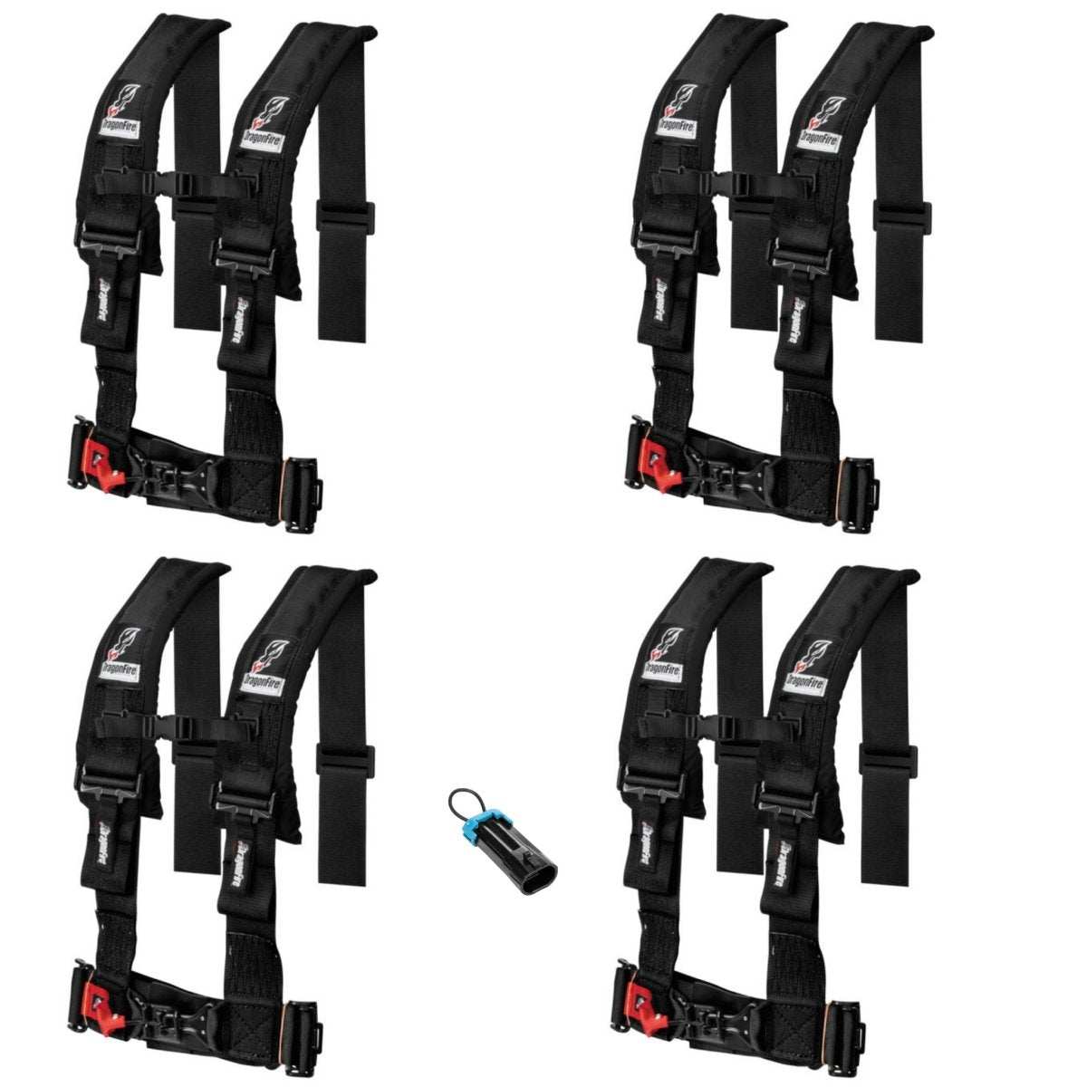 Set of four black Dragonfire Racing 4-point 3-inch UTV harnesses with free override plug and memory foam shoulder pads